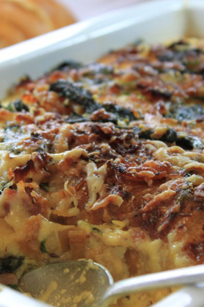 Cheesy Valentine's Day Bacon, Spinach and Gruyére 'Bread Pudding'
