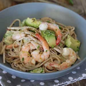 Wholewheat Linguini with Prawns, Avocado and Lemon and Chive Sour Cream Dressing
