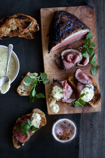 pincanha steak on toasted ciabatta with mustard cream