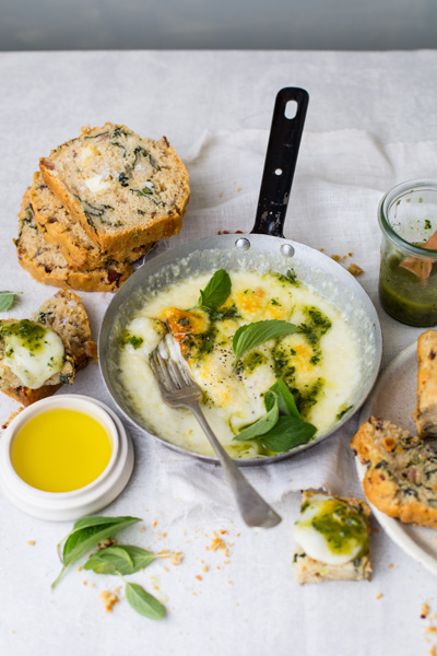 Cheesy Valentine's Day Beer Bread with Grilled Mozzarella and Herb Oil