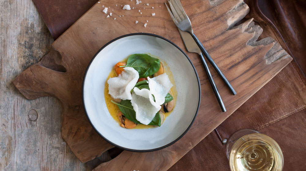 Mussels, Bone Marrow, Passion Fruit, Basil at The Kitchen at Maison