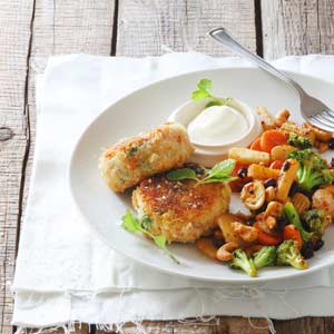 Crumbed Salmon Fish Cakes with a Cashew and Vegetable Stir-fry