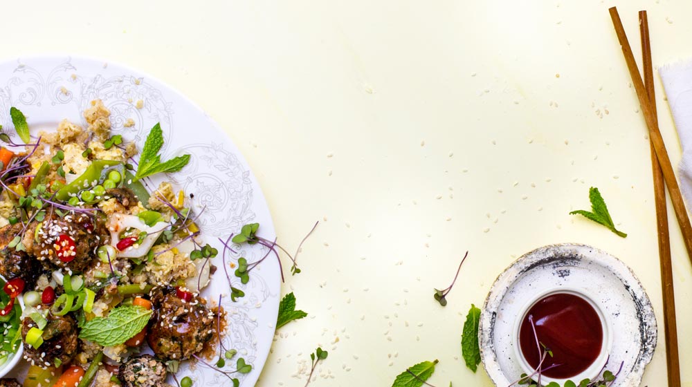 Quinoa with Hoisin-glazed Lamb, Spinach & Ricotta Meatballs