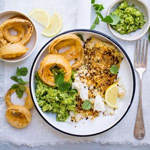 Tartare Crusted Grilled Fish with Mushy Peas and Beer Battered Onion Rings 3x3