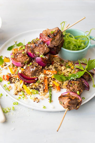 recipes with honey bbq steak skewers with egg fried quinoa and thai vegetables