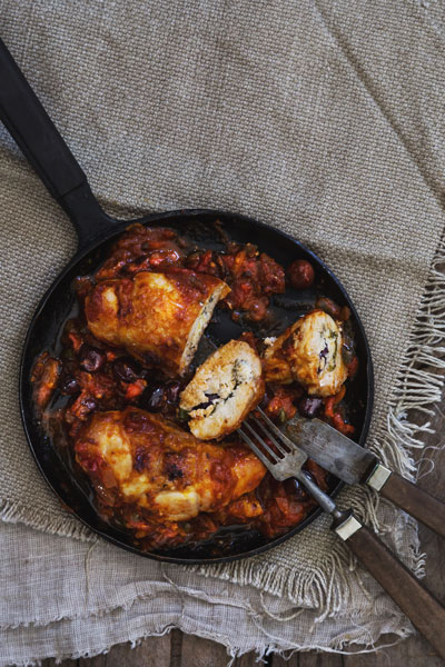 Cream Cheese and Olive Stuffed Chicken Breasts with Puttanesca Sauce
