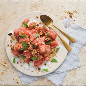 Watermelon & Labneh Salad with Granola and Fresh Mint