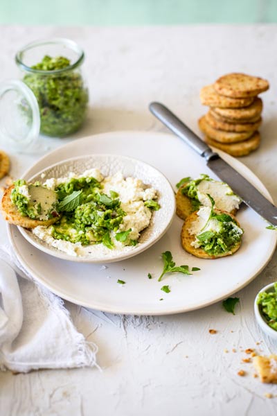 Creamed Ricotta with Chunky Pea Pesto and Cheddar Crackers