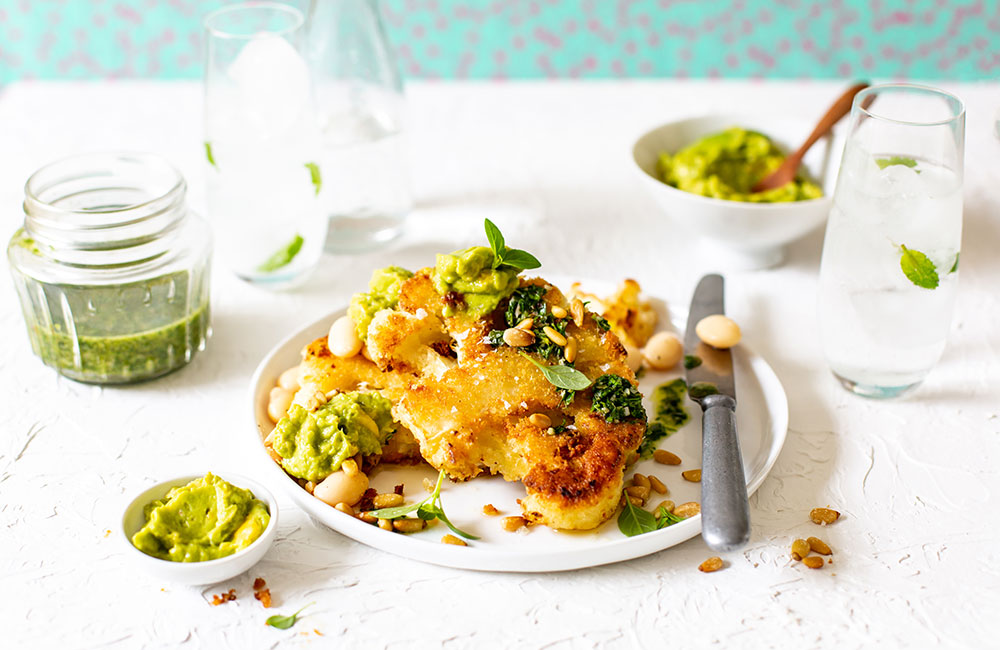 world vegan day recipe Vegan Crumbed Cauliflower Steaks with westfalia Guacamole and Chimichurri Sauce