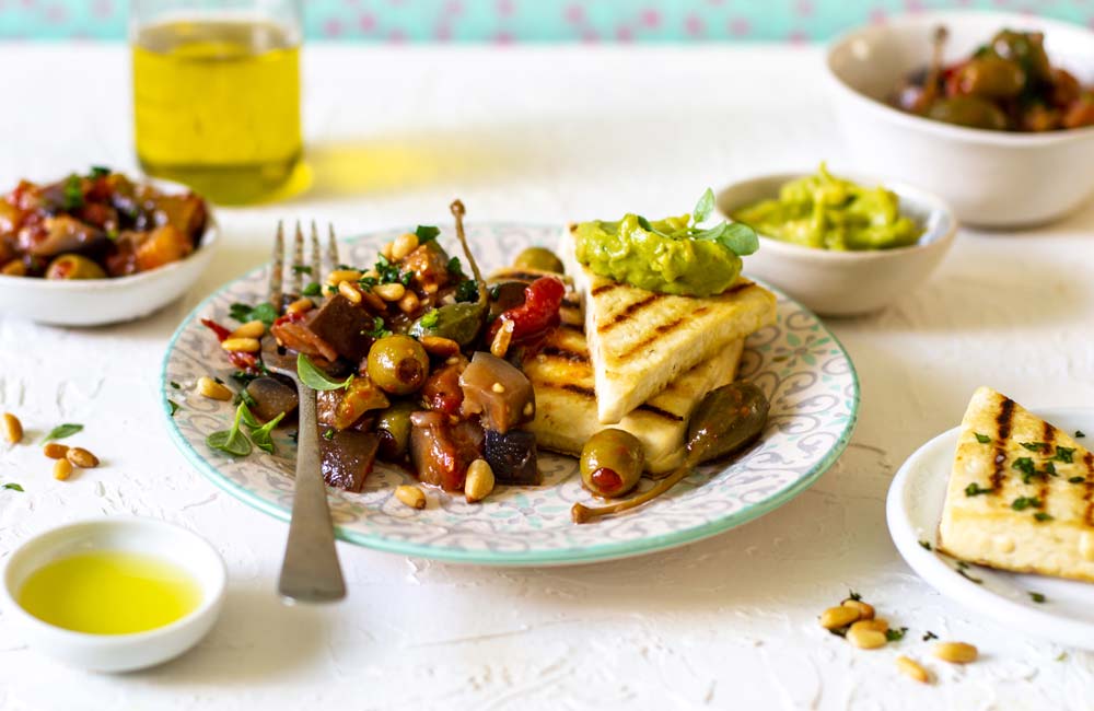Vegan Caponata with Grilled Tofu Steaks and westfalia Spicy Guacamole recipe with westfalia lemon-flavoured avocado oil