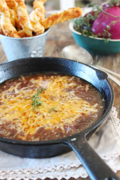 Rich Red Onion Soup with Gruyére Sticks