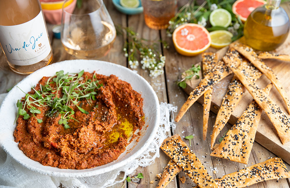 Muhammara Dip with Sesame Lavash Crackers