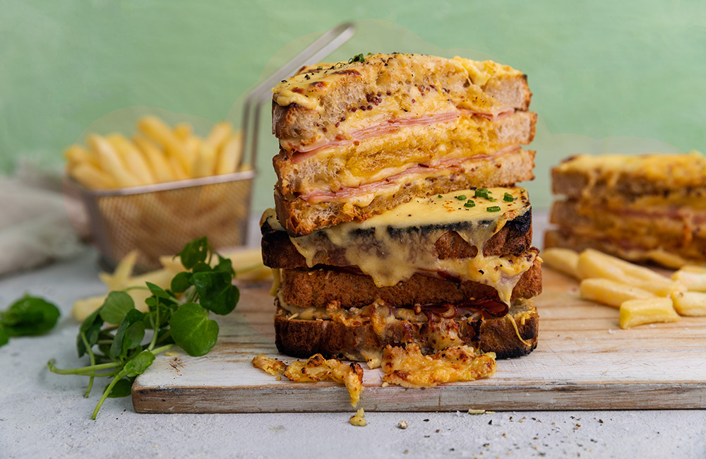 Oven Baked Triple Decker Croque Monsieur with French Fries